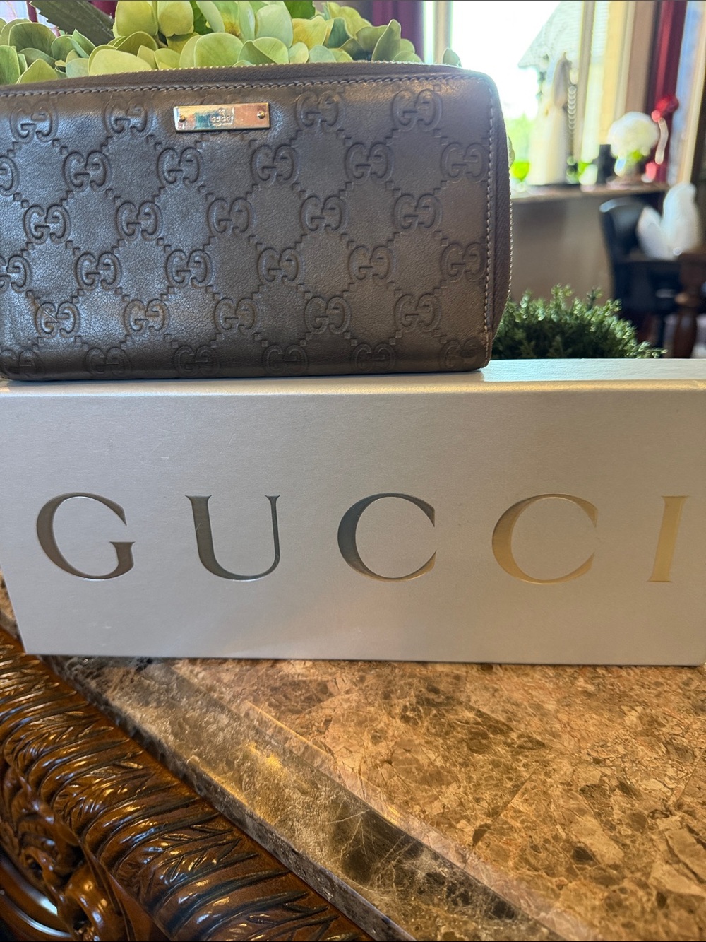 Gucci Embossed GG Leather Zip Wallet - Dark Gray with Gold Plaque